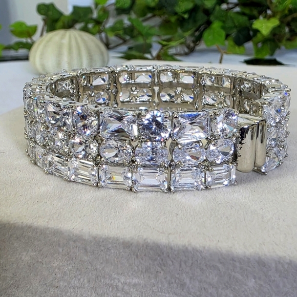 Quality Triple Row Cubic Zirconia Crystal Statement Bangle Bracelet - Picture 6 of 13